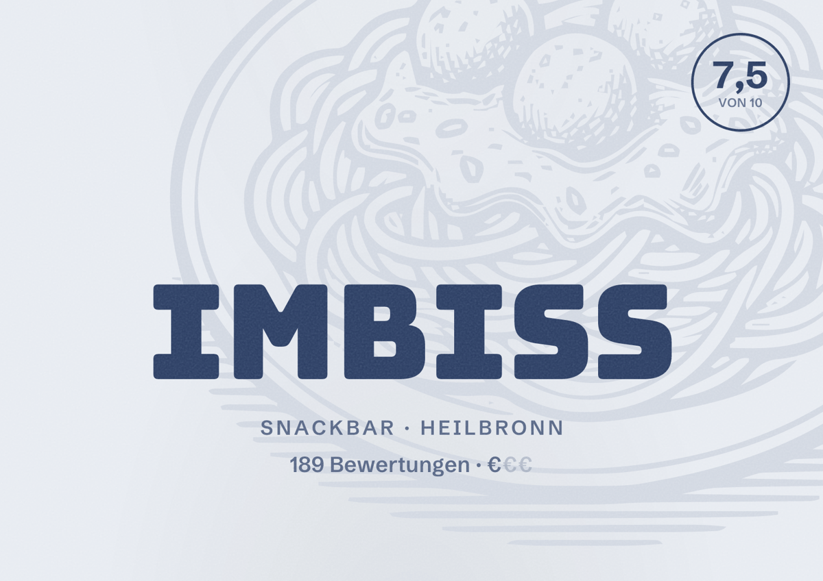 Illustriertes Poster von Imbiss, Snackbar in Heilbronn: Bewertung 7,5 von 10 aus 189 Bewertungen, Preisniveau €