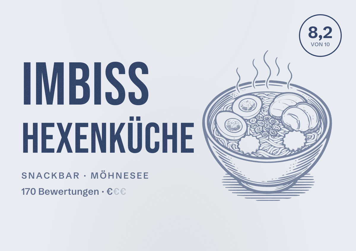 Illustriertes Poster von Imbiss Hexenküche, Snackbar in Möhnesee: Bewertung 8,2 von 10 aus 170 Bewertungen, Preisniveau €