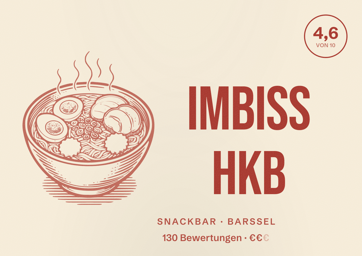 Illustriertes Poster von Imbiss HKB, Snackbar in Barßel: Bewertung 4,6 von 10 aus 130 Bewertungen, Preisniveau €€