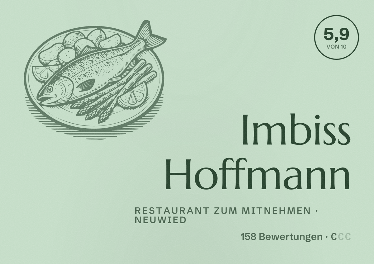 Illustriertes Poster von Imbiss Hoffmann, Restaurant zum Mitnehmen in Neuwied: Bewertung 5,9 von 10 aus 158 Bewertungen, Preisniveau €