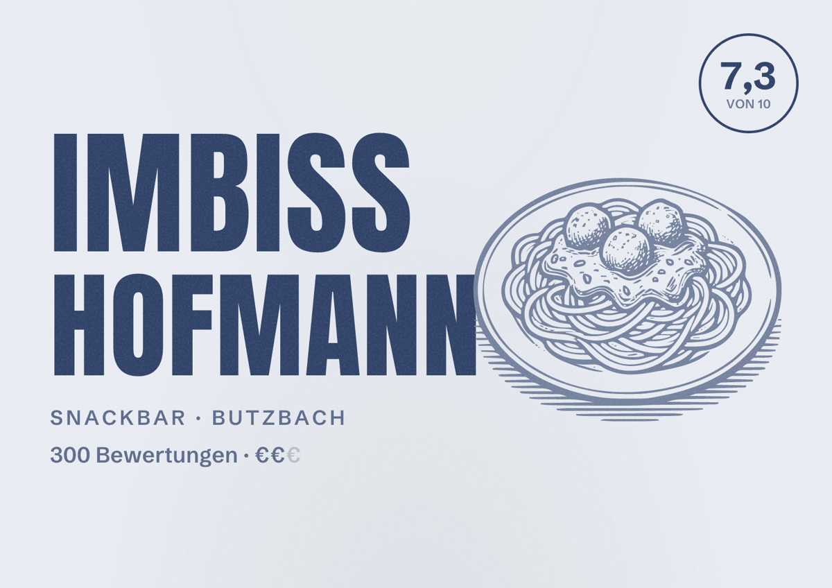 Illustriertes Poster von Imbiss Hofmann, Snackbar in Butzbach: Bewertung 7,3 von 10 aus 300 Bewertungen, Preisniveau €€