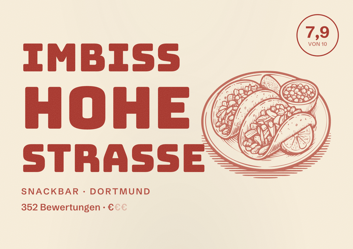 Illustriertes Poster von Imbiss Hohe Straße, Snackbar in Dortmund: Bewertung 7,9 von 10 aus 352 Bewertungen, Preisniveau €