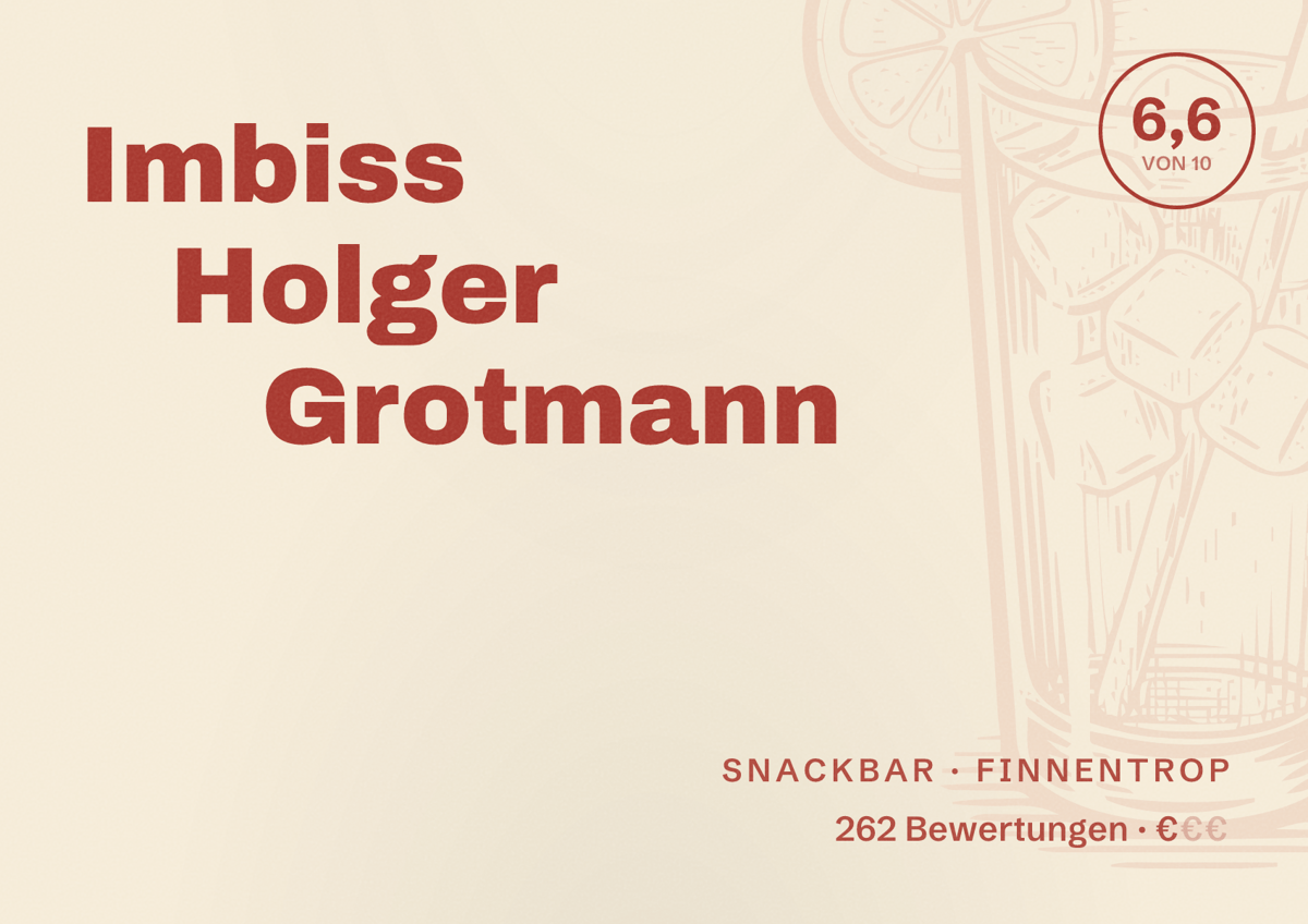 Illustriertes Poster von Imbiss Holger Grotmann, Snackbar in Finnentrop: Bewertung 6,6 von 10 aus 262 Bewertungen, Preisniveau €