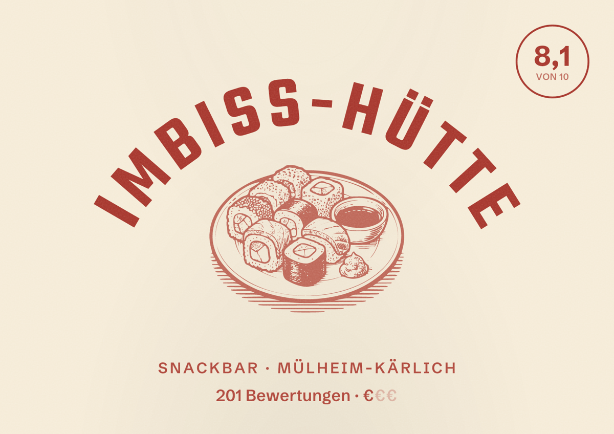 Illustriertes Poster von IMBISS-HÜTTE, Snackbar in Mülheim-Kärlich: Bewertung 8,1 von 10 aus 201 Bewertungen, Preisniveau €