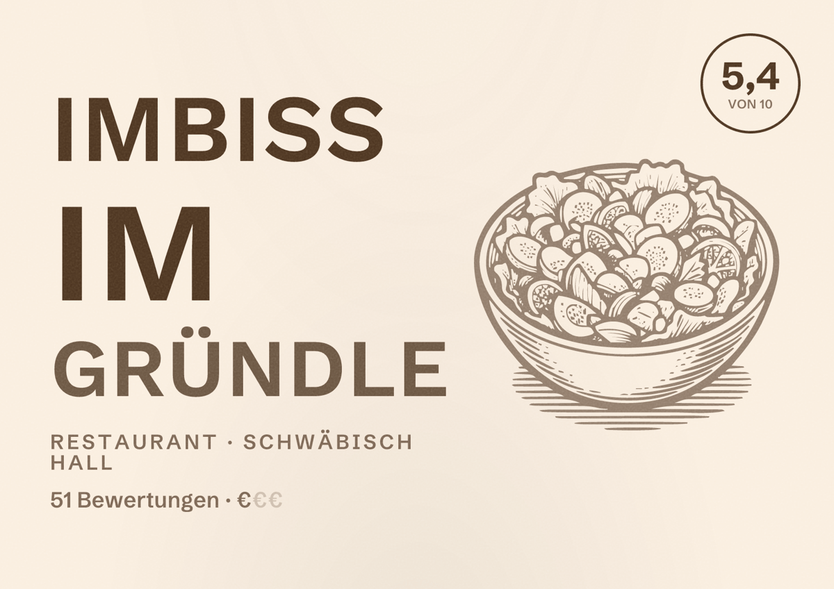 Illustriertes Poster von Imbiss im Gründle, Restaurant in Schwäbisch Hall: Bewertung 5,4 von 10 aus 51 Bewertungen, Preisniveau €