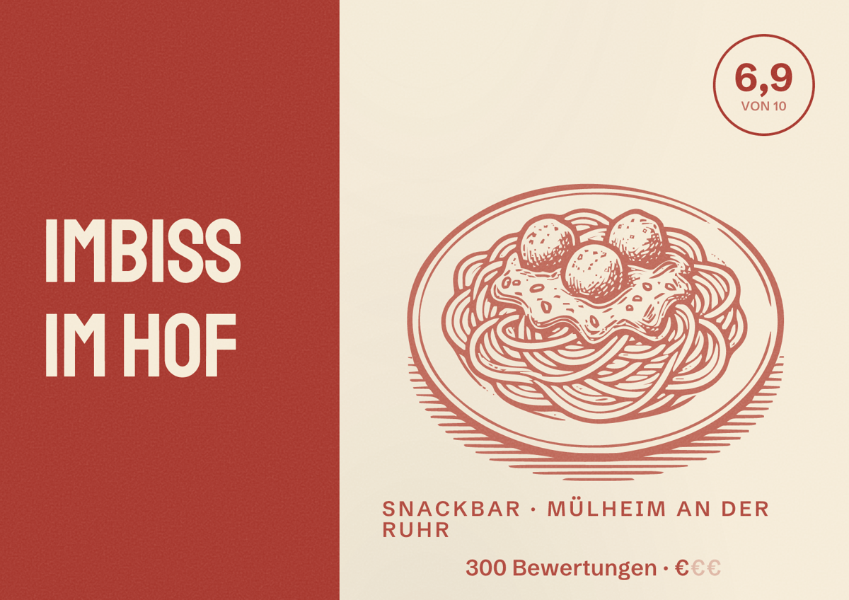 Illustriertes Poster von Imbiss im Hof, Snackbar in Mülheim an der Ruhr: Bewertung 6,9 von 10 aus 300 Bewertungen, Preisniveau €