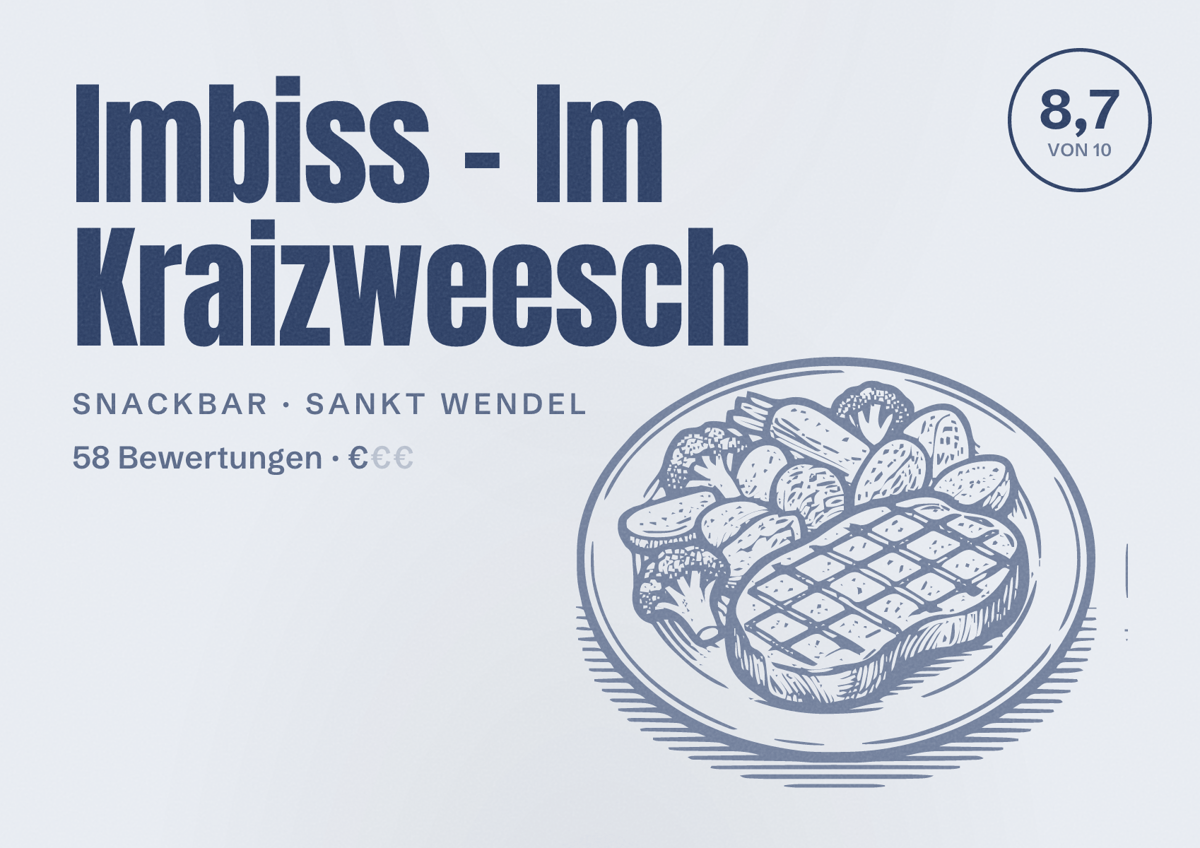 Illustriertes Poster von Imbiss - Im Kraizweesch, Snackbar in Sankt Wendel: Bewertung 8,7 von 10 aus 58 Bewertungen, Preisniveau €