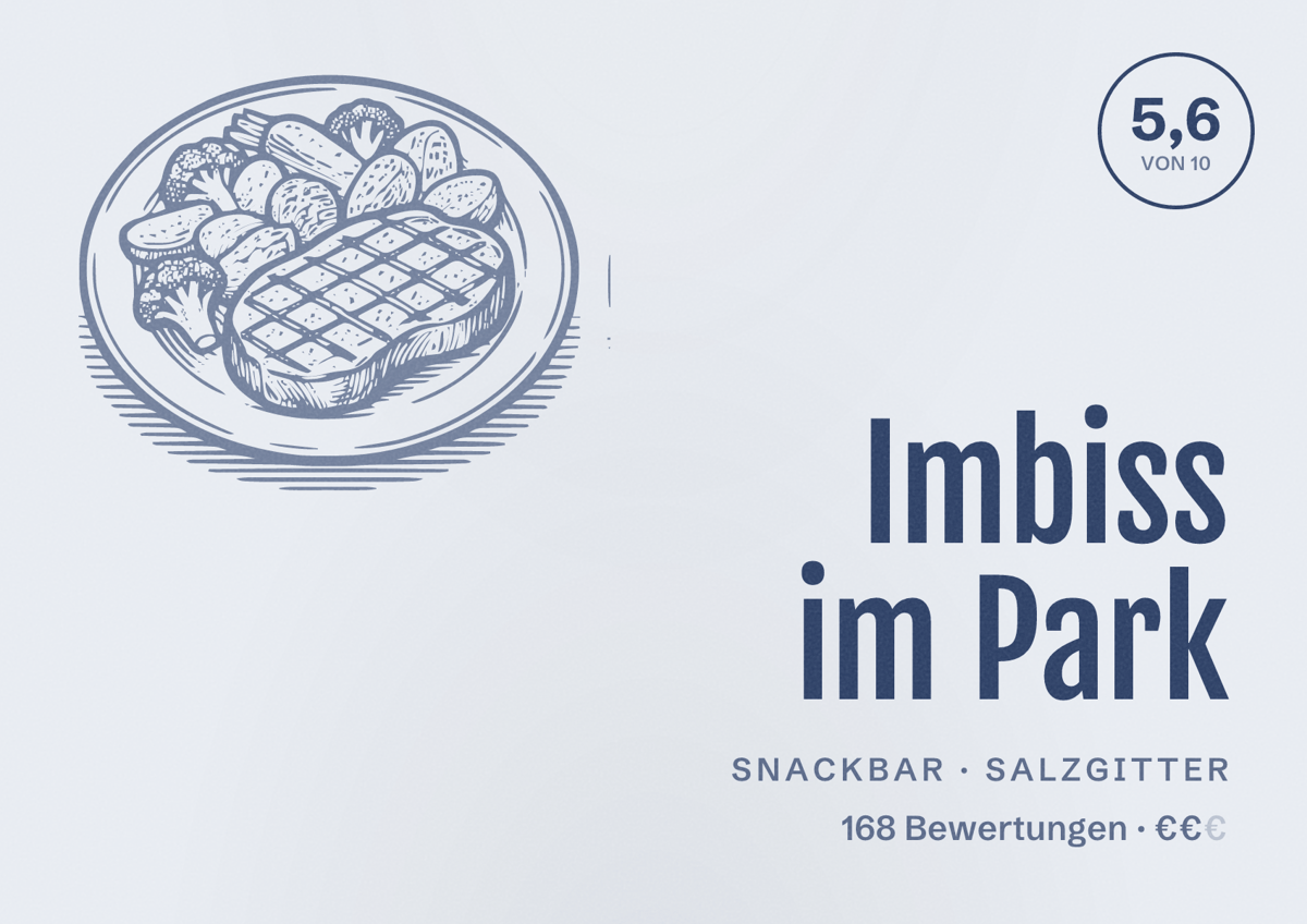 Illustriertes Poster von Imbiss im Park, Snackbar in Salzgitter: Bewertung 5,6 von 10 aus 168 Bewertungen, Preisniveau €€