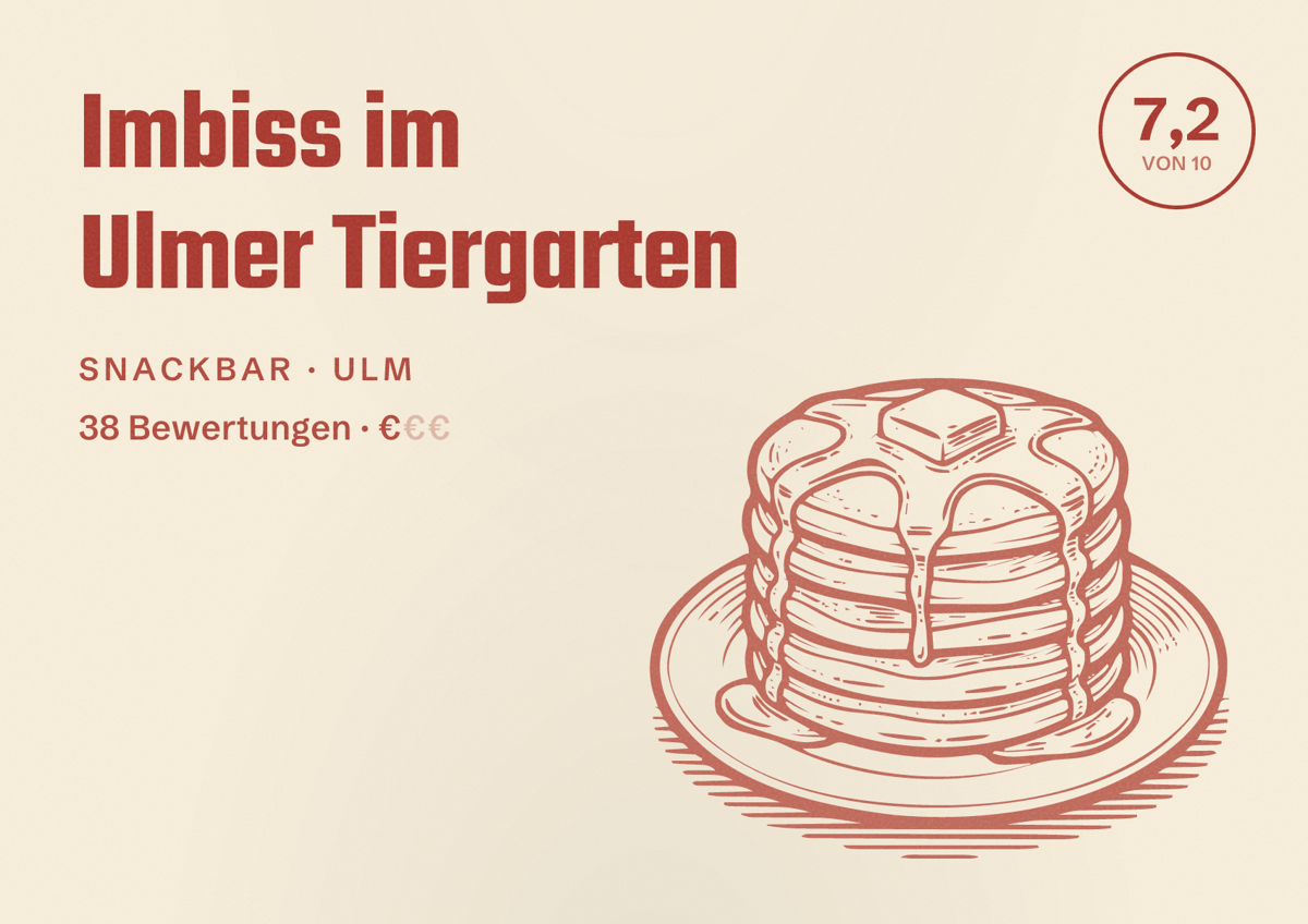Illustriertes Poster von Imbiss im Ulmer Tiergarten, Snackbar in Ulm: Bewertung 7,2 von 10 aus 38 Bewertungen, Preisniveau €
