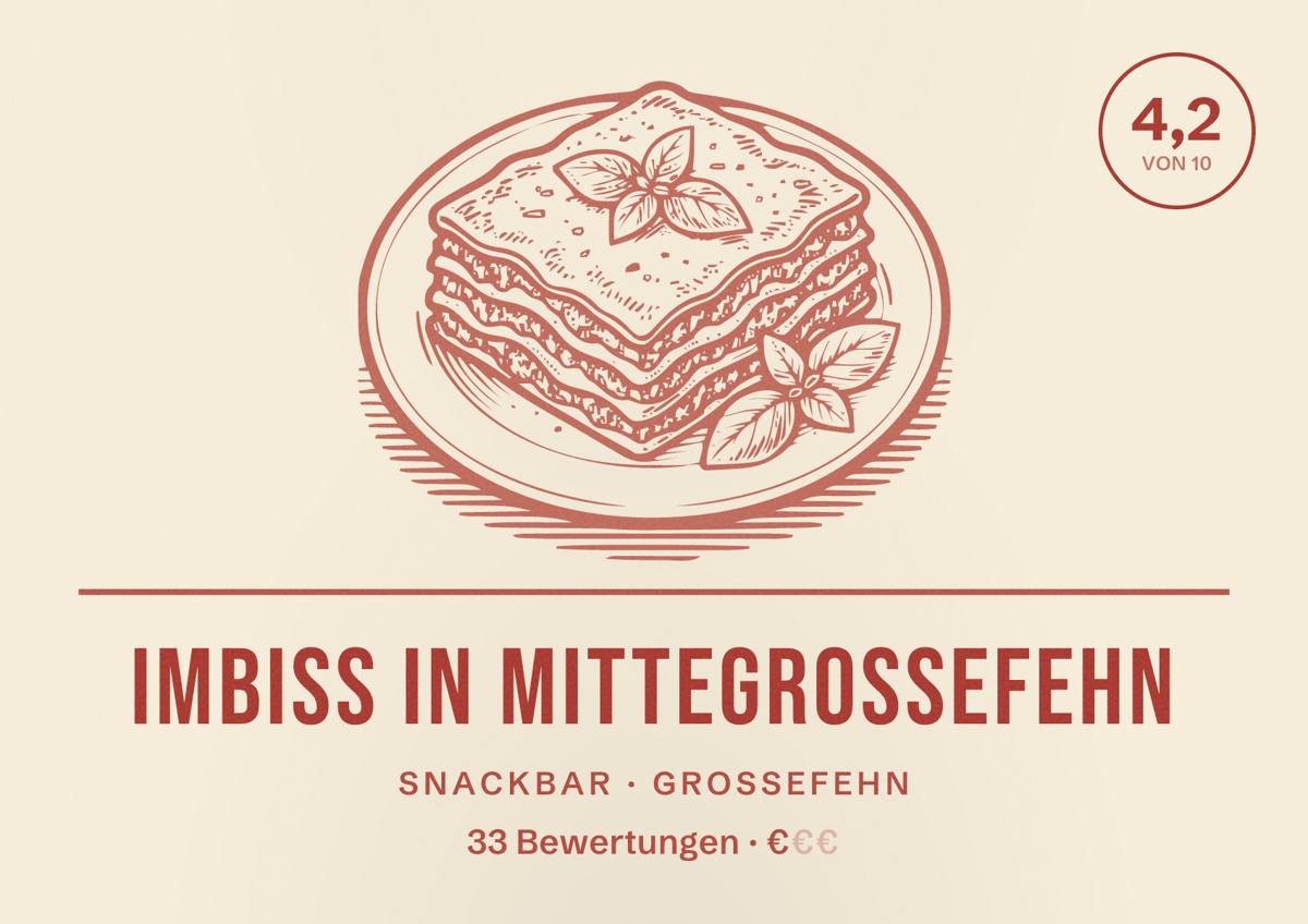 Illustriertes Poster von Imbiss in Mittegrossefehn, Snackbar in Großefehn: Bewertung 4,2 von 10 aus 33 Bewertungen, Preisniveau €