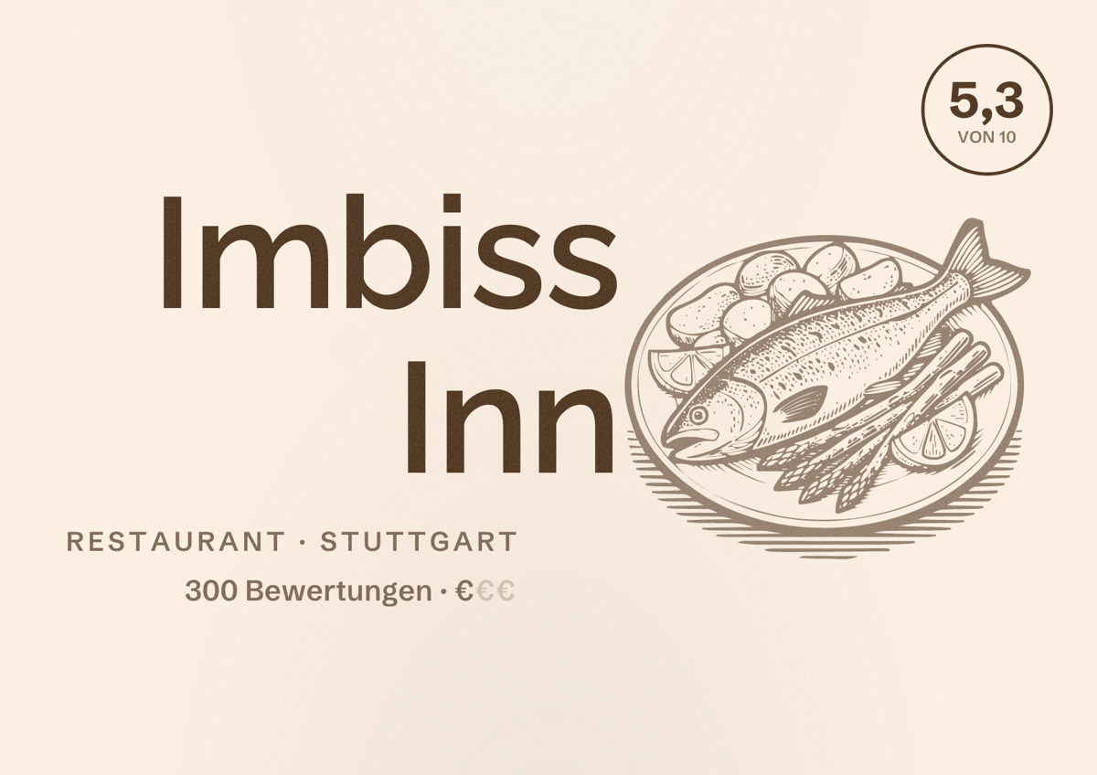 Illustriertes Poster von Imbiss Inn, Restaurant in Stuttgart: Bewertung 5,3 von 10 aus 300 Bewertungen, Preisniveau €