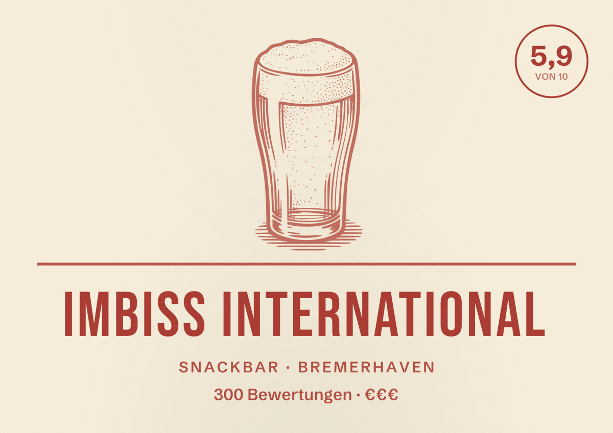 Illustriertes Poster von Imbiss International, Snackbar in Bremerhaven: Bewertung 5,9 von 10 aus 300 Bewertungen, Preisniveau €€€