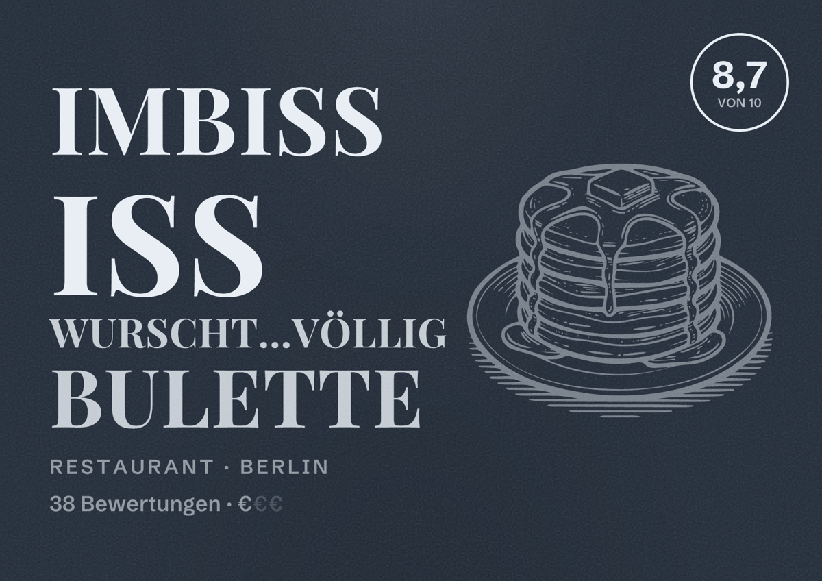 Illustriertes Poster von Imbiss Iss Wurscht…völlig Bulette, Restaurant in Berlin: Bewertung 8,7 von 10 aus 38 Bewertungen, Preisniveau €