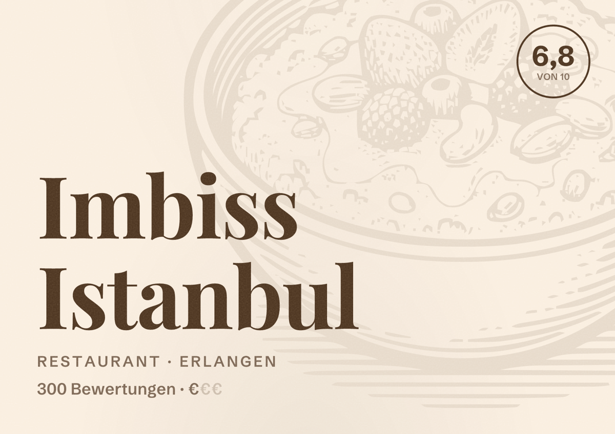 Illustriertes Poster von Imbiss Istanbul, Restaurant in Erlangen: Bewertung 6,8 von 10 aus 300 Bewertungen, Preisniveau €