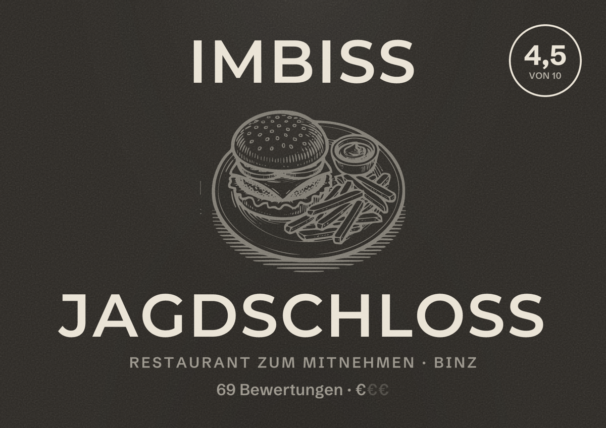 Illustriertes Poster von Imbiss Jagdschloss, Restaurant zum Mitnehmen in Binz: Bewertung 4,5 von 10 aus 69 Bewertungen, Preisniveau €