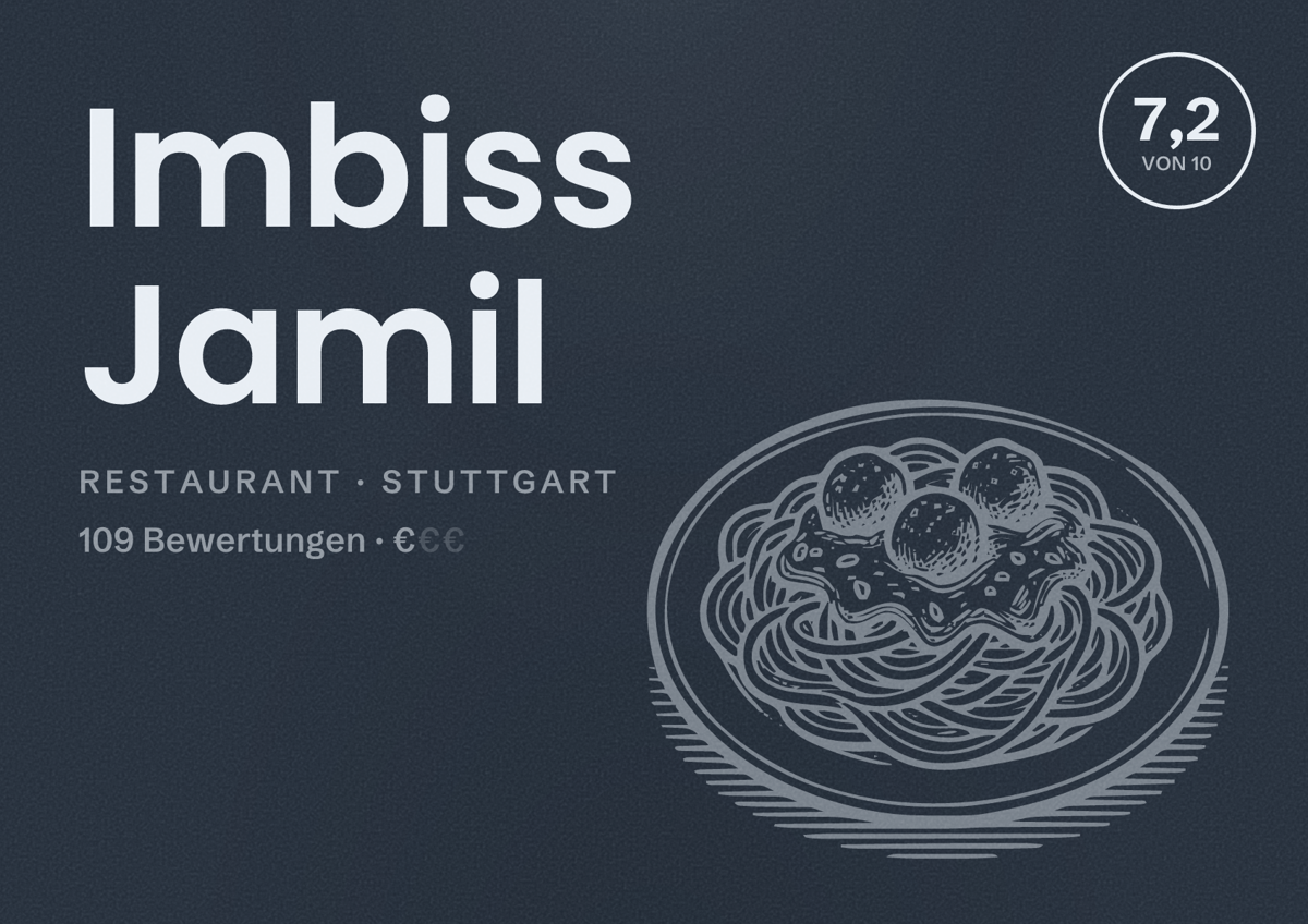 Illustriertes Poster von Imbiss Jamil, Restaurant in Stuttgart: Bewertung 7,2 von 10 aus 109 Bewertungen, Preisniveau €