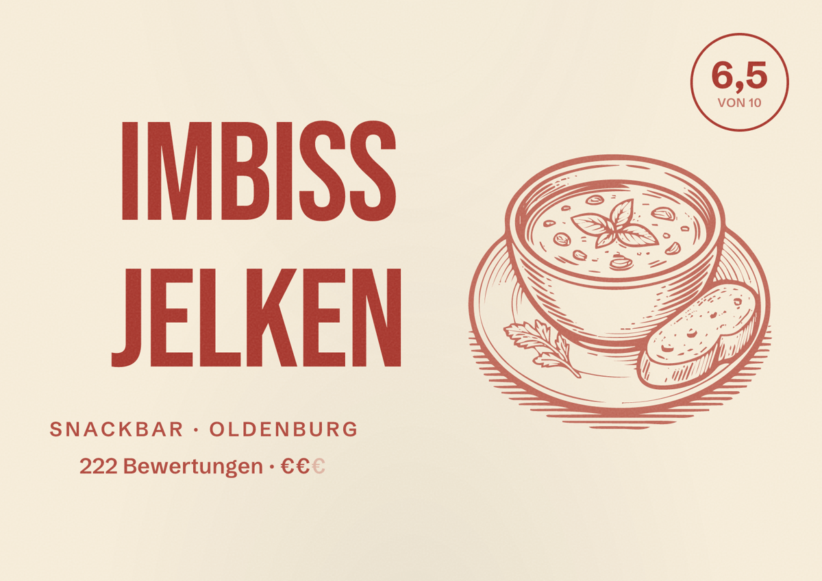 Illustriertes Poster von Imbiss Jelken, Snackbar in Oldenburg: Bewertung 6,5 von 10 aus 222 Bewertungen, Preisniveau €€