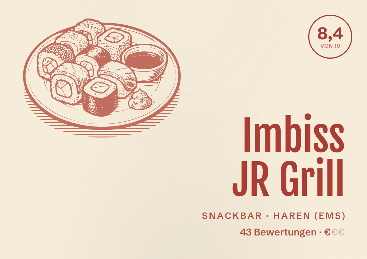 Illustriertes Poster von Imbiss JR Grill, Snackbar in Haren (Ems): Bewertung 8,4 von 10 aus 43 Bewertungen, Preisniveau €