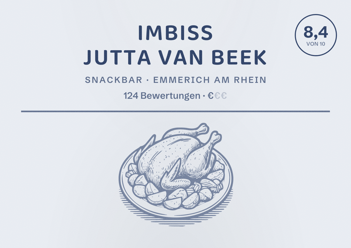 Illustriertes Poster von Imbiss Jutta van Beek, Snackbar in Emmerich am Rhein: Bewertung 8,4 von 10 aus 124 Bewertungen, Preisniveau €