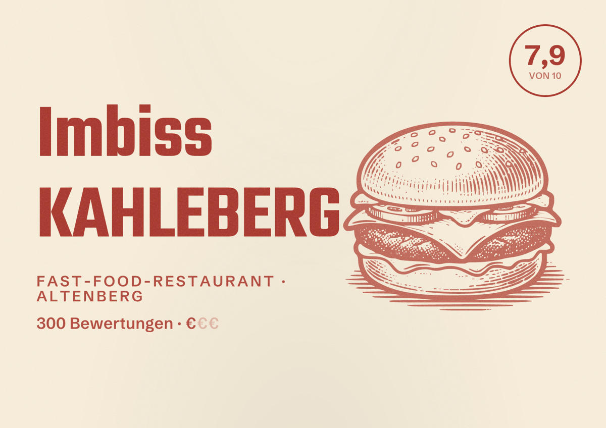 Illustriertes Poster von Imbiss KAHLEBERG, Fast-Food-Restaurant in Altenberg: Bewertung 7,9 von 10 aus 300 Bewertungen, Preisniveau €