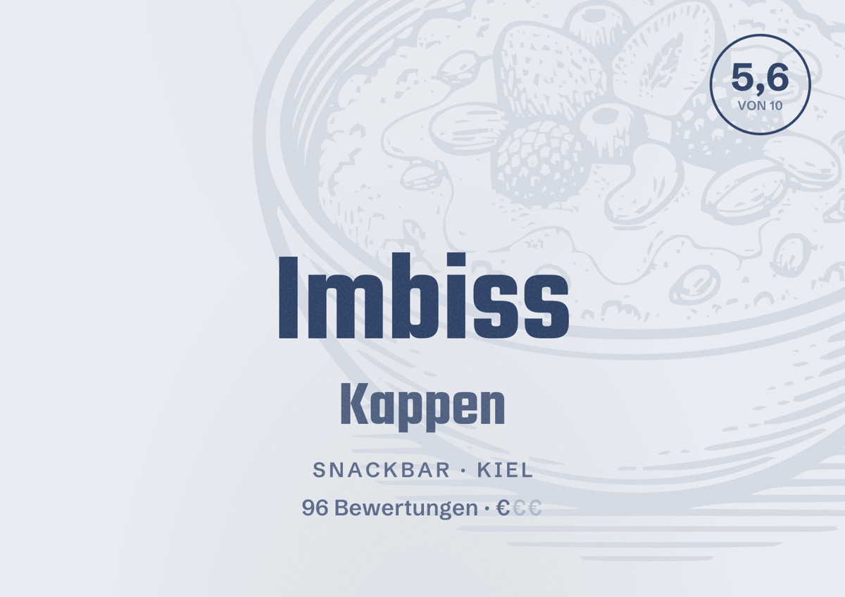 Illustriertes Poster von Imbiss Kappen, Snackbar in Kiel: Bewertung 5,6 von 10 aus 96 Bewertungen, Preisniveau €