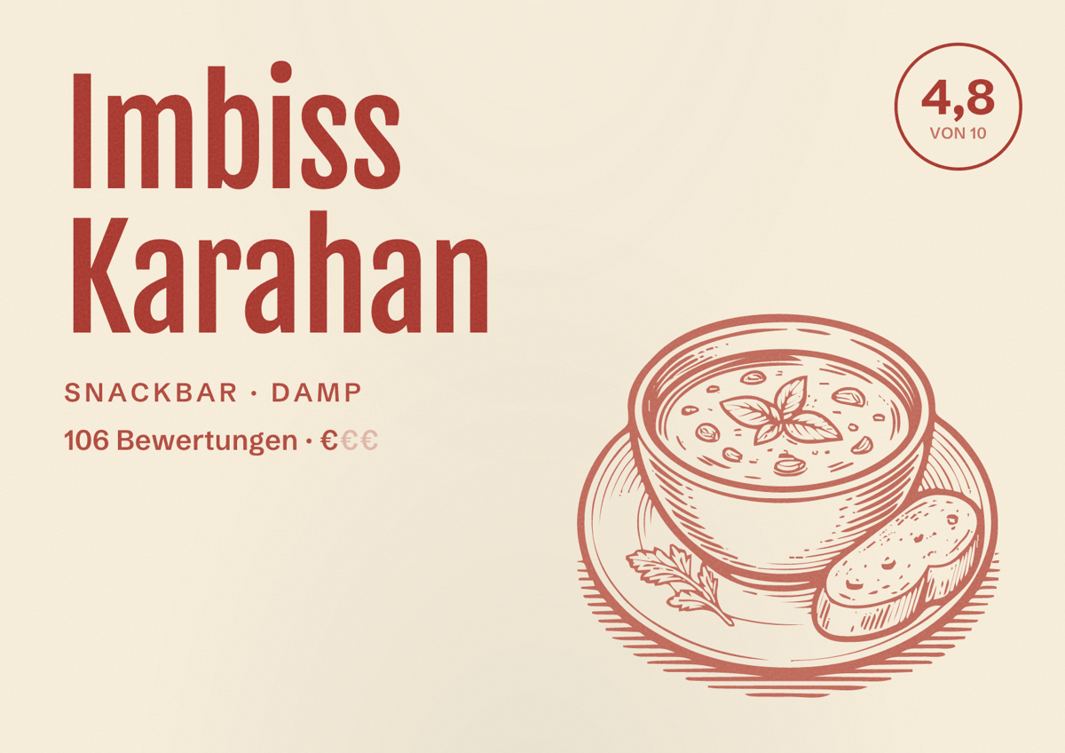 Illustriertes Poster von Imbiss Karahan, Snackbar in Damp: Bewertung 4,8 von 10 aus 106 Bewertungen, Preisniveau €