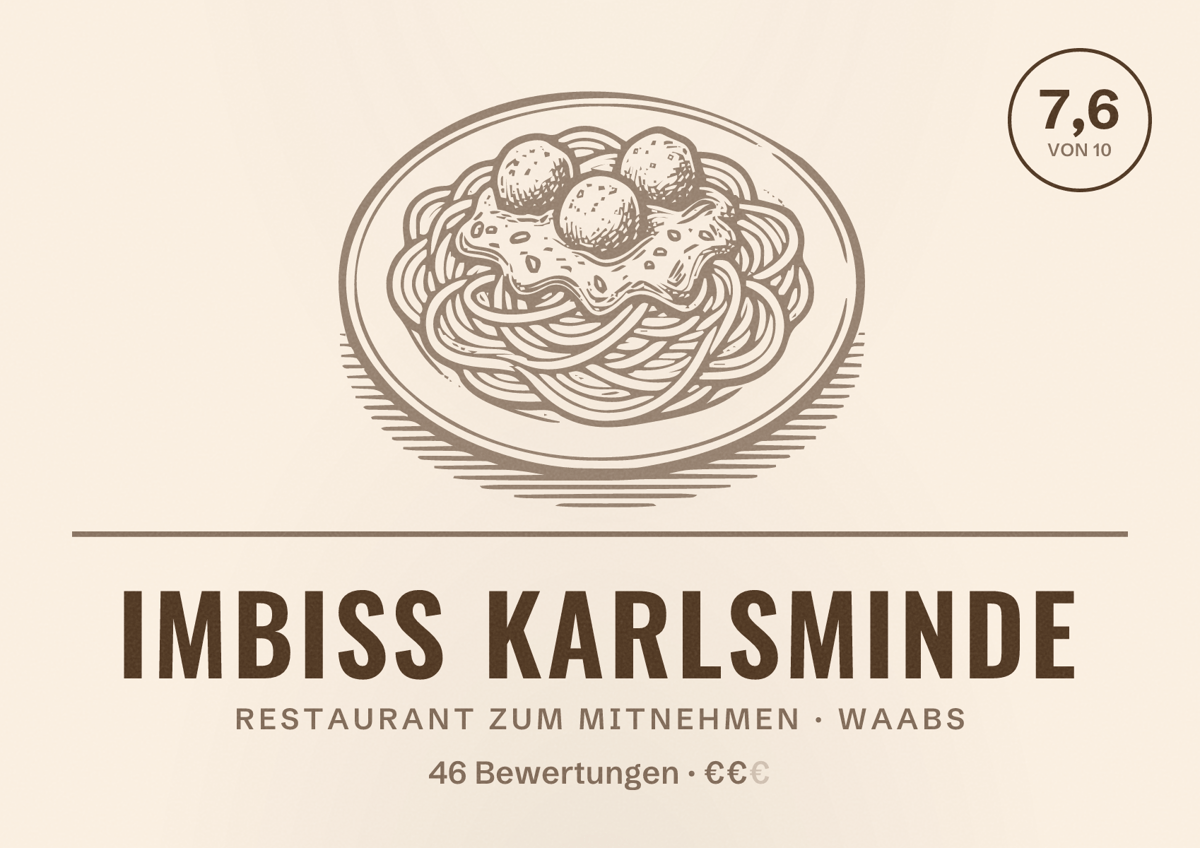 Illustriertes Poster von Imbiss Karlsminde, Restaurant zum Mitnehmen in Waabs: Bewertung 7,6 von 10 aus 46 Bewertungen, Preisniveau €€