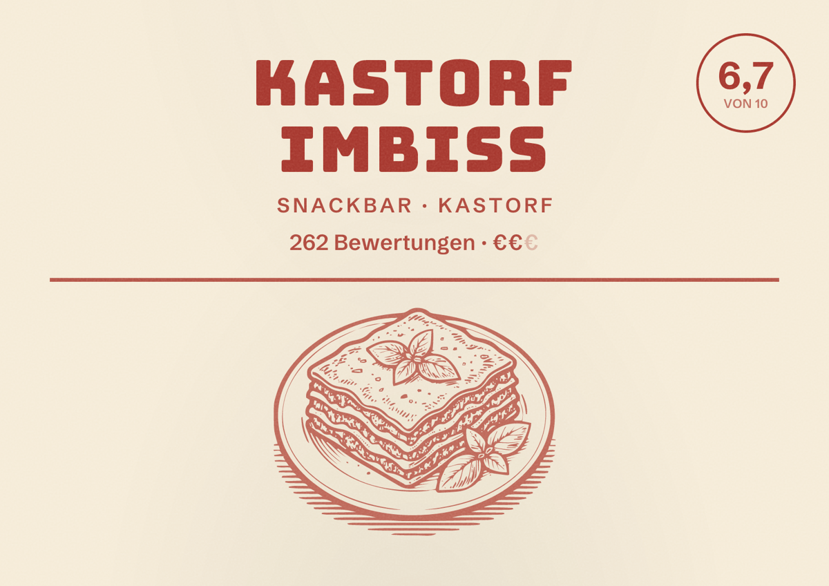 Illustriertes Poster von Kastorf Imbiss, Snackbar in Kastorf: Bewertung 6,7 von 10 aus 262 Bewertungen, Preisniveau €€