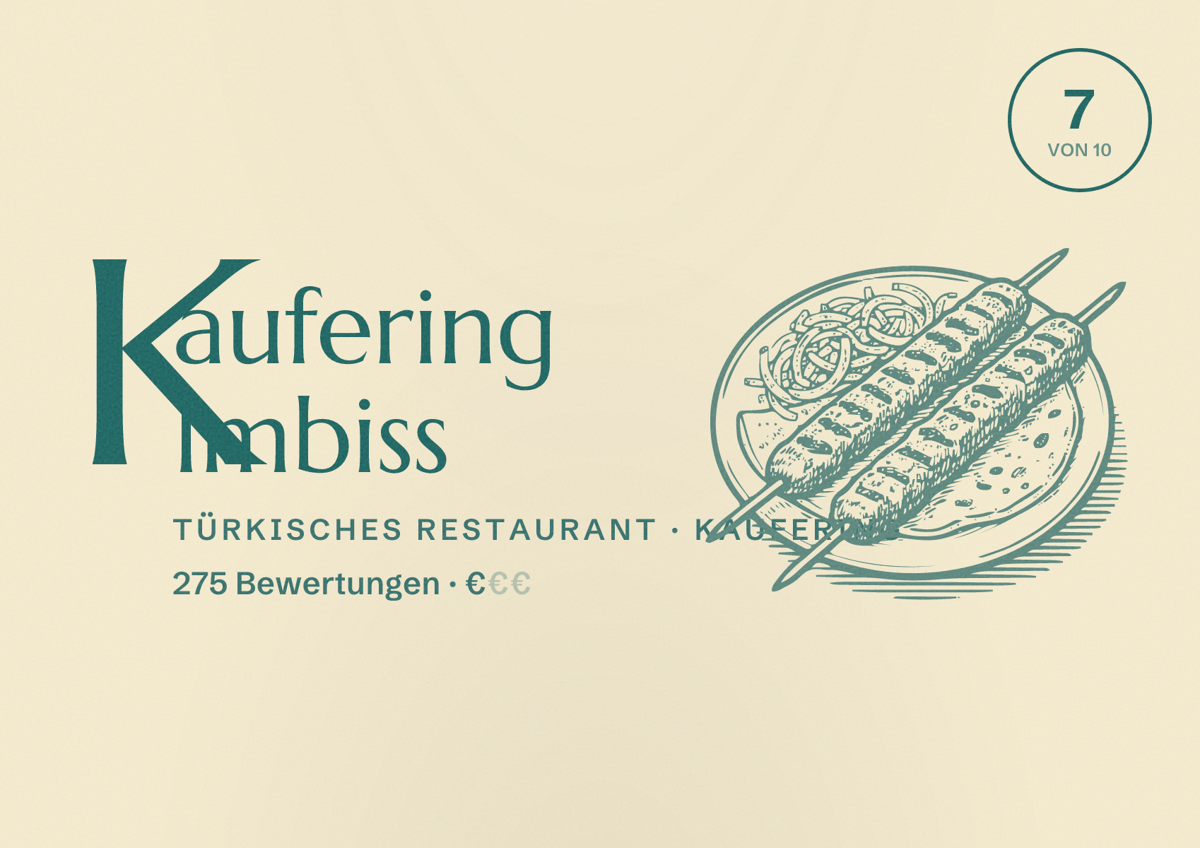 Illustriertes Poster von Kaufering Imbiss, Türkisches Restaurant in Kaufering: Bewertung 7 von 10 aus 275 Bewertungen, Preisniveau €