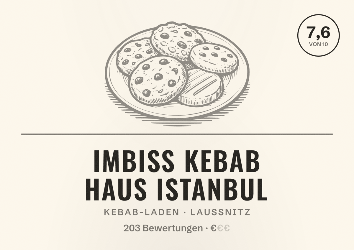 Illustriertes Poster von Imbiss Kebab Haus Istanbul, Kebab-Laden in Laußnitz: Bewertung 7,6 von 10 aus 203 Bewertungen, Preisniveau €