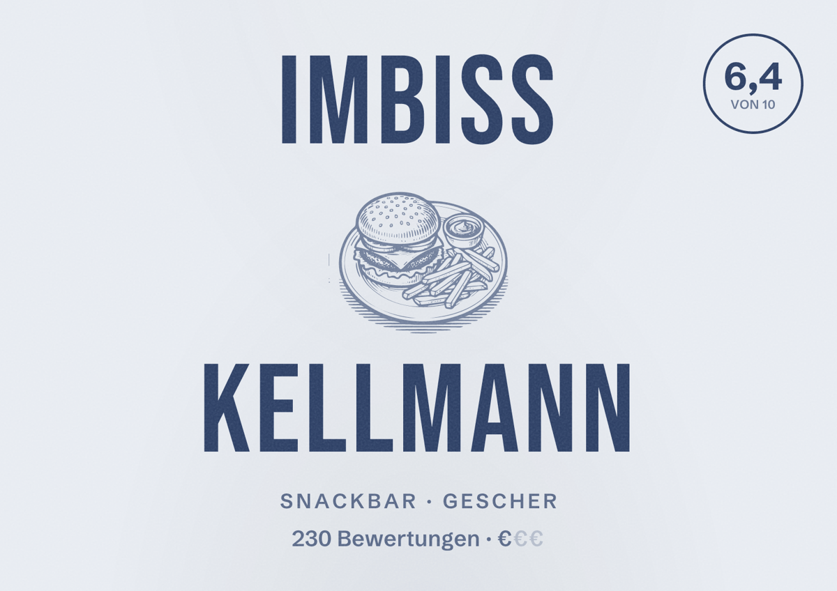 Illustriertes Poster von Imbiss Kellmann, Snackbar in Gescher: Bewertung 6,4 von 10 aus 230 Bewertungen, Preisniveau €