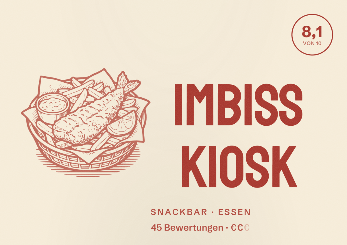 Illustriertes Poster von Imbiss Kiosk, Snackbar in Essen: Bewertung 8,1 von 10 aus 45 Bewertungen, Preisniveau €€