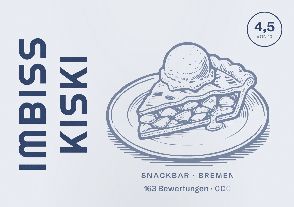 Illustriertes Poster von Imbiss Kiski, Snackbar in Bremen: Bewertung 4,5 von 10 aus 163 Bewertungen, Preisniveau €€