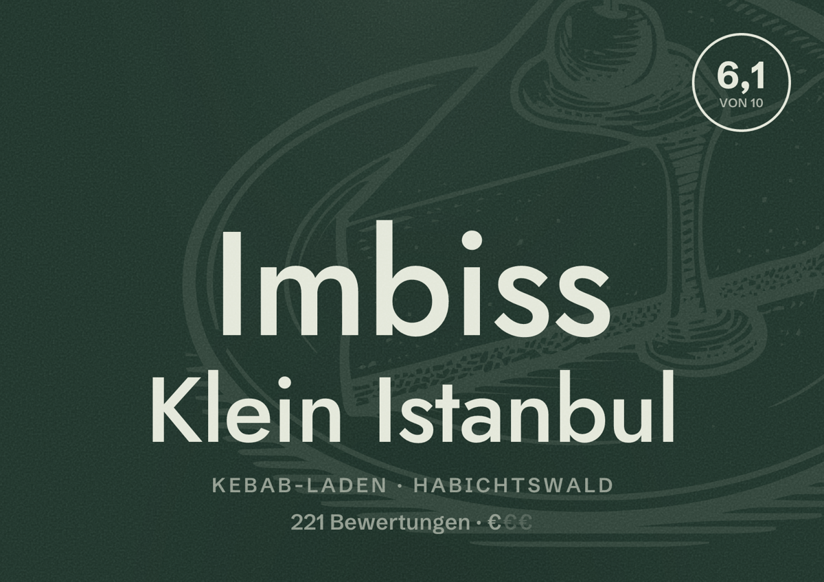 Illustriertes Poster von Imbiss Klein Istanbul, Kebab-Laden in Habichtswald: Bewertung 6,1 von 10 aus 221 Bewertungen, Preisniveau €