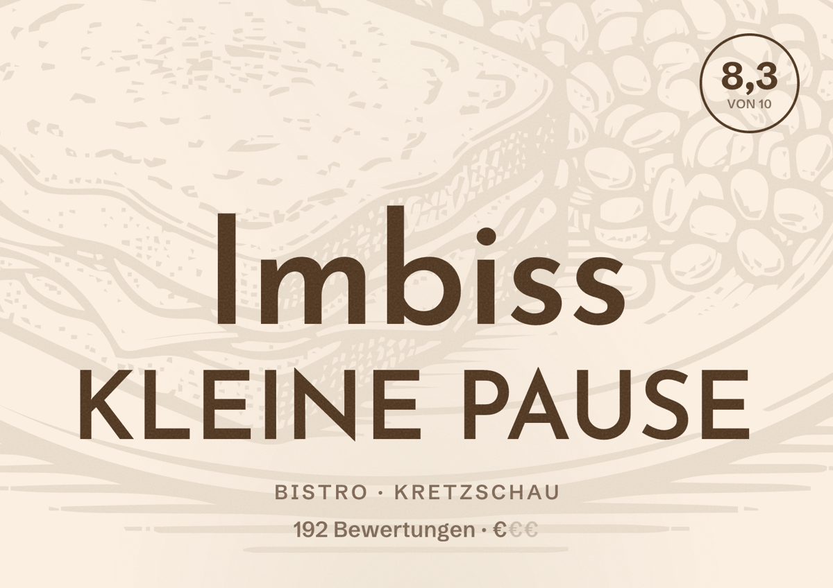 Illustriertes Poster von Imbiss KLEINE PAUSE, Bistro in Kretzschau: Bewertung 8,3 von 10 aus 192 Bewertungen, Preisniveau €