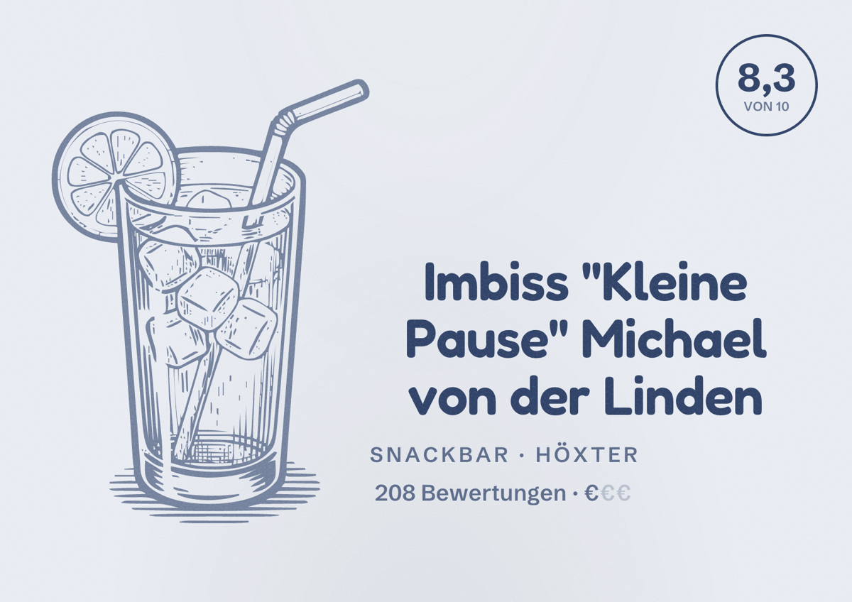 Illustriertes Poster von Imbiss "Kleine Pause" Michael von der Linden, Snackbar in Höxter: Bewertung 8,3 von 10 aus 208 Bewertungen, Preisniveau €