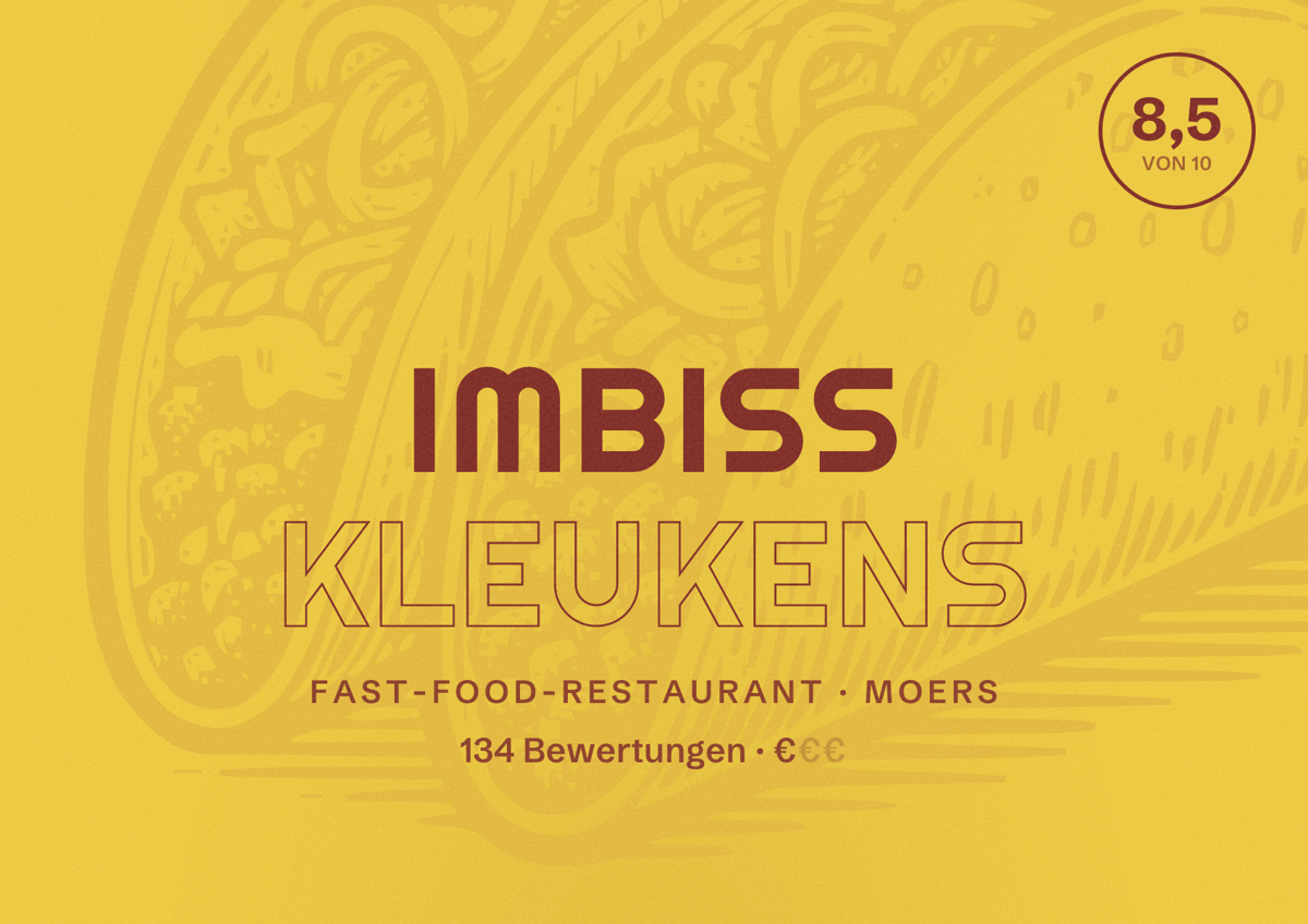 Illustriertes Poster von Imbiss Kleukens, Fast-Food-Restaurant in Moers: Bewertung 8,5 von 10 aus 134 Bewertungen, Preisniveau €