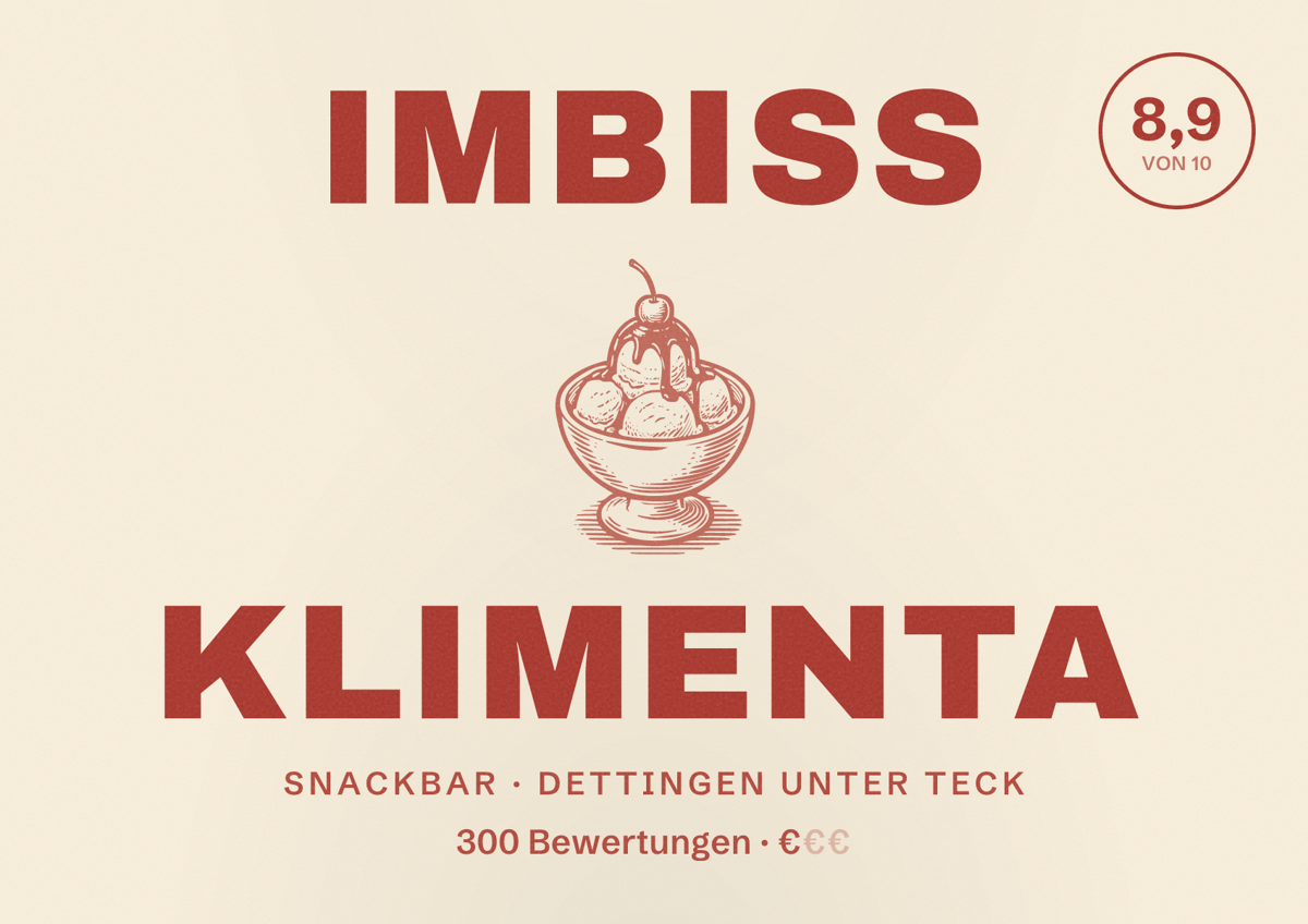 Illustriertes Poster von Imbiss Klimenta, Snackbar in Dettingen unter Teck: Bewertung 8,9 von 10 aus 300 Bewertungen, Preisniveau €