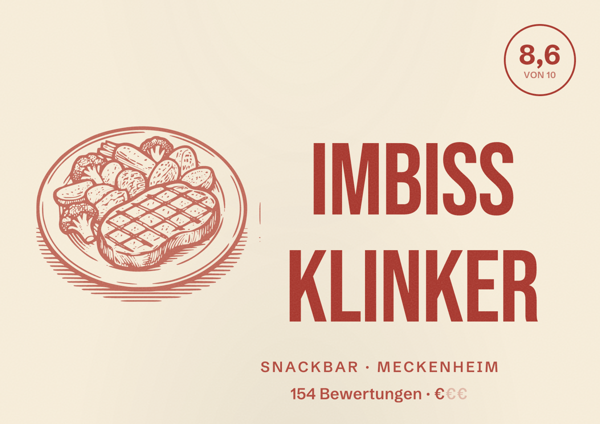 Illustriertes Poster von Imbiss Klinker, Snackbar in Meckenheim: Bewertung 8,6 von 10 aus 154 Bewertungen, Preisniveau €