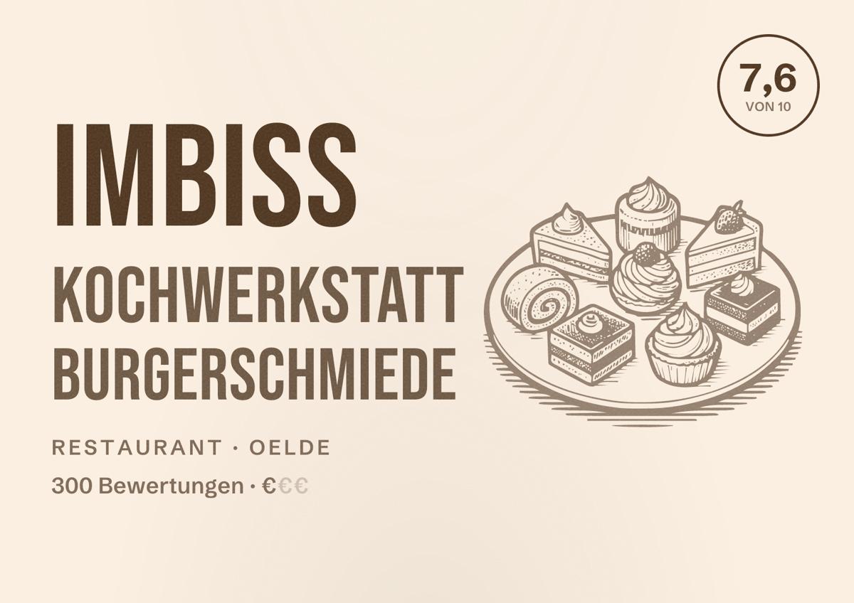Illustriertes Poster von Imbiss Kochwerkstatt Burgerschmiede, Restaurant in Oelde: Bewertung 7,6 von 10 aus 300 Bewertungen, Preisniveau €