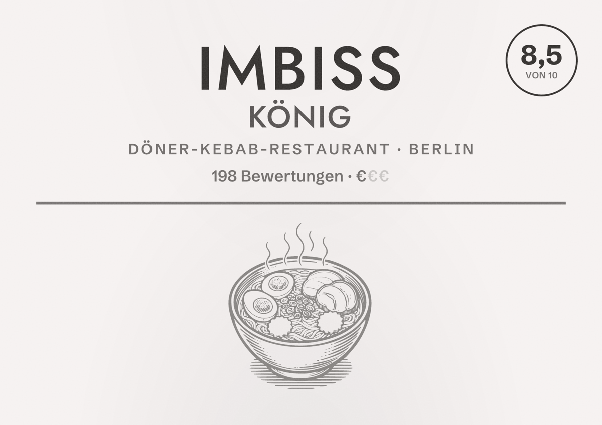 Illustriertes Poster von Imbiss König, Döner-Kebab-Restaurant in Berlin: Bewertung 8,5 von 10 aus 198 Bewertungen, Preisniveau €