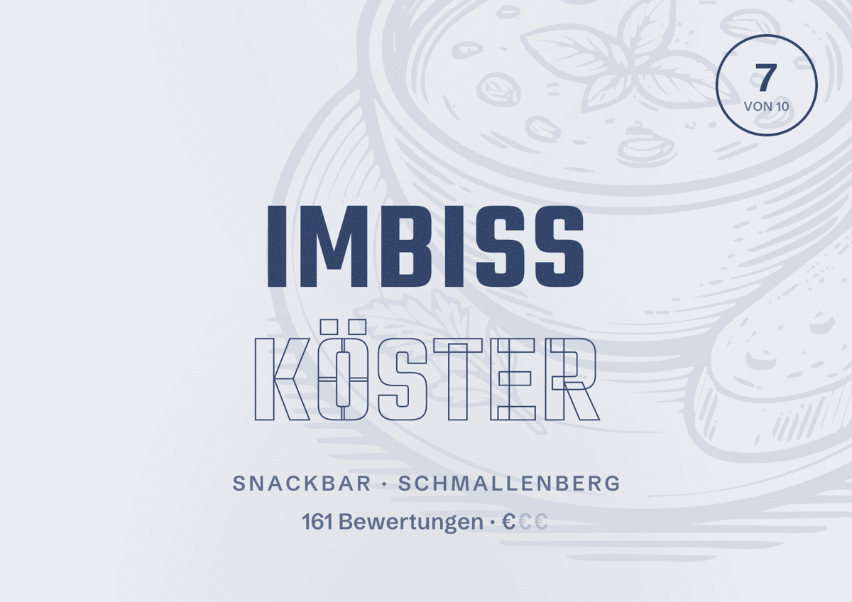 Illustriertes Poster von Imbiss Köster, Snackbar in Schmallenberg: Bewertung 7 von 10 aus 161 Bewertungen, Preisniveau €