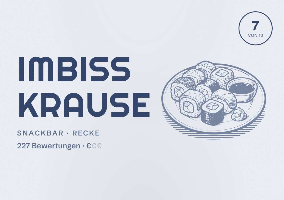 Illustriertes Poster von Imbiss Krause, Snackbar in Recke: Bewertung 7 von 10 aus 227 Bewertungen, Preisniveau €