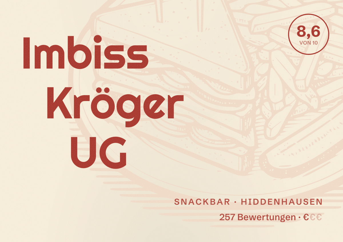 Illustriertes Poster von Imbiss Kröger UG, Snackbar in Hiddenhausen: Bewertung 8,6 von 10 aus 257 Bewertungen, Preisniveau €