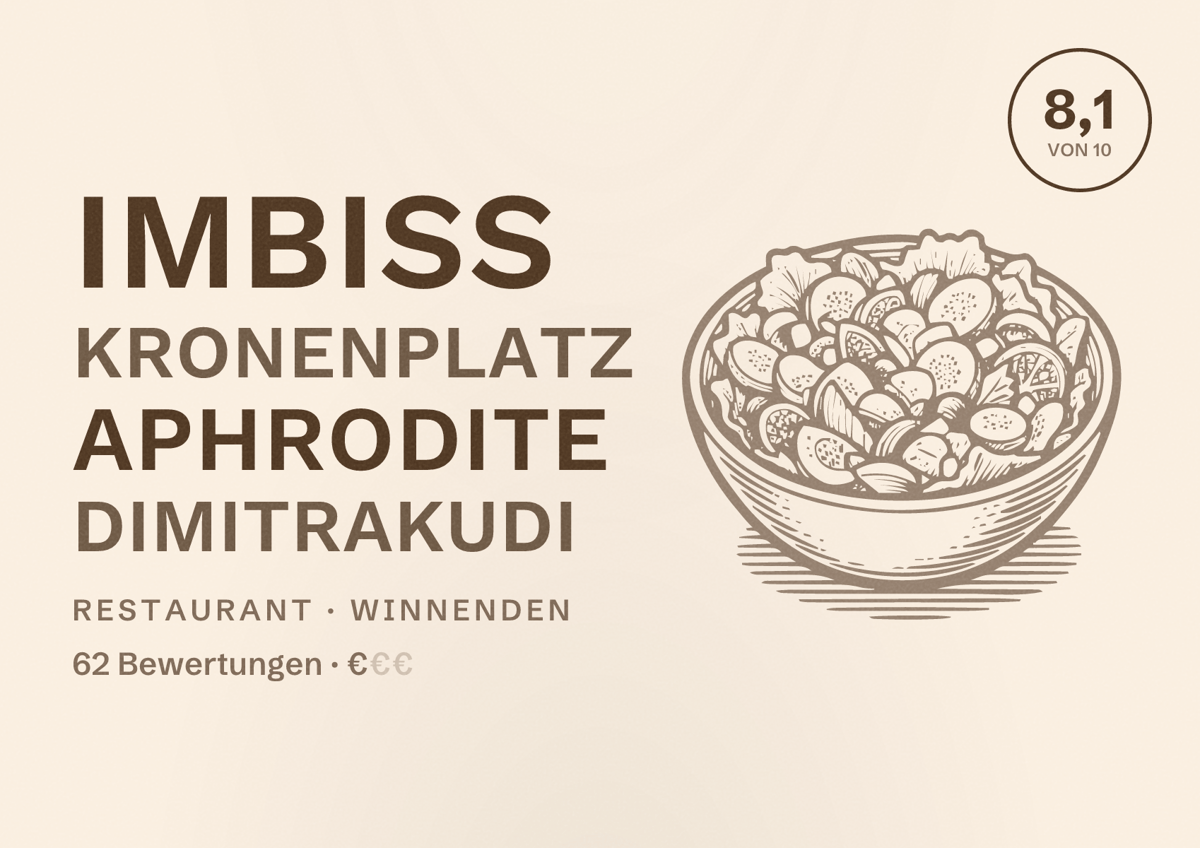 Illustriertes Poster von Imbiss Kronenplatz Aphrodite Dimitrakudi, Restaurant in Winnenden: Bewertung 8,1 von 10 aus 62 Bewertungen, Preisniveau €