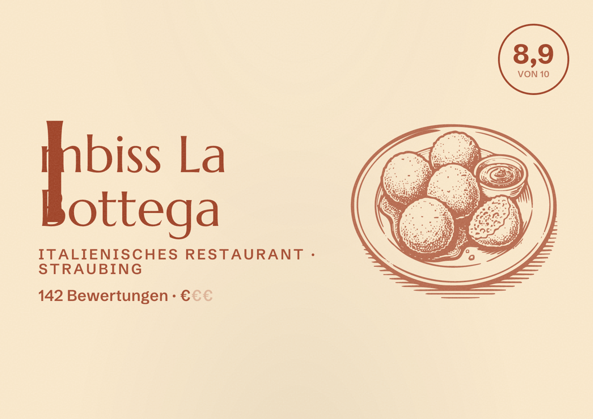 Illustriertes Poster von Imbiss La Bottega, Italienisches Restaurant in Straubing: Bewertung 8,9 von 10 aus 142 Bewertungen, Preisniveau €