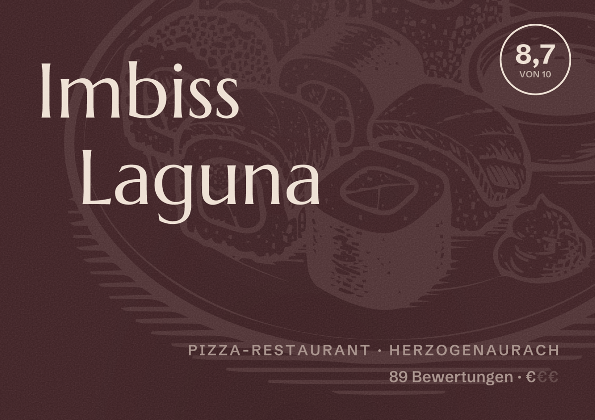 Illustriertes Poster von Imbiss Laguna, Pizza-Restaurant in Herzogenaurach: Bewertung 8,7 von 10 aus 89 Bewertungen, Preisniveau €