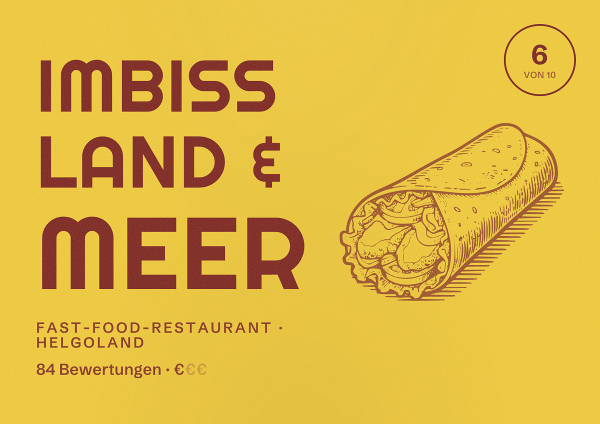 Illustriertes Poster von Imbiss Land & Meer, Fast-Food-Restaurant in Helgoland: Bewertung 6 von 10 aus 84 Bewertungen, Preisniveau €