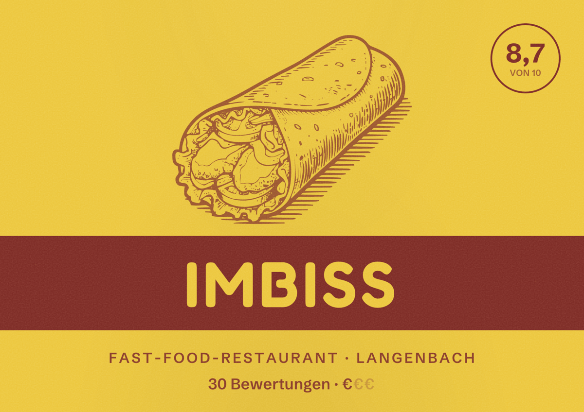 Illustriertes Poster von Imbiss, Fast-Food-Restaurant in Langenbach: Bewertung 8,7 von 10 aus 30 Bewertungen, Preisniveau €