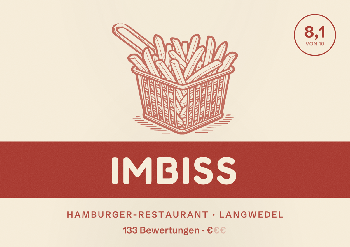 Illustriertes Poster von Imbiss, Hamburger-Restaurant in Langwedel: Bewertung 8,1 von 10 aus 133 Bewertungen, Preisniveau €